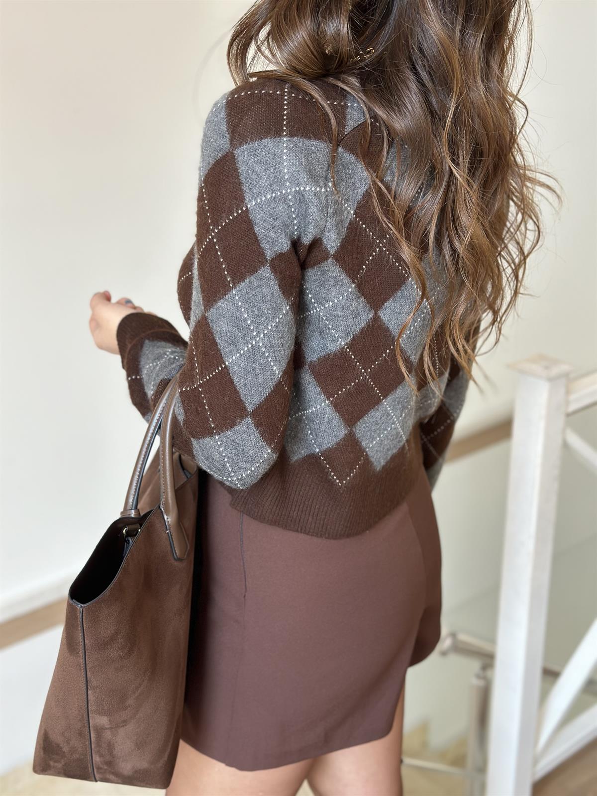 Bisiklet Yaka Baklava Desen Kazak - Kahverengi