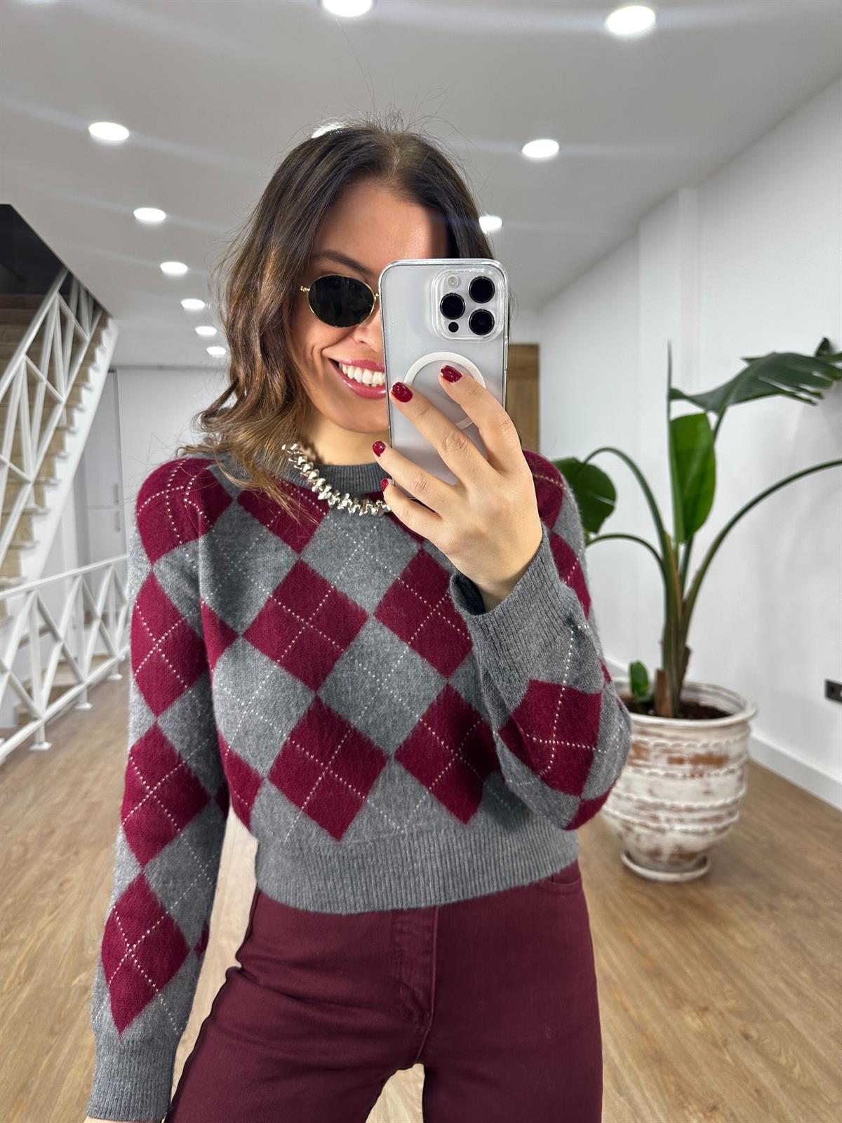 Bisiklet Yaka Baklava Desen Kazak - Antrasit