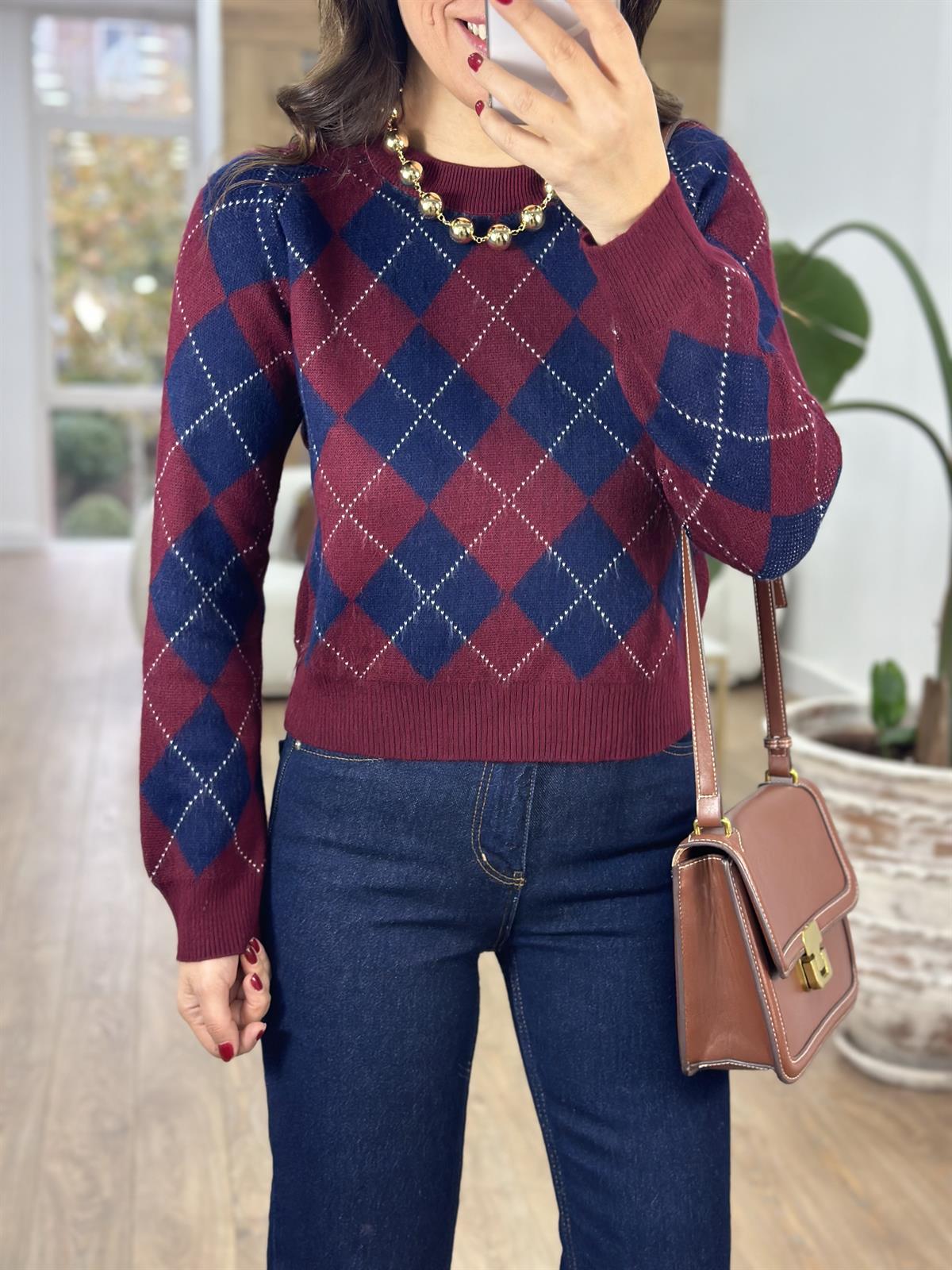 Bisiklet Yaka Baklava Desen Kazak - Bordo