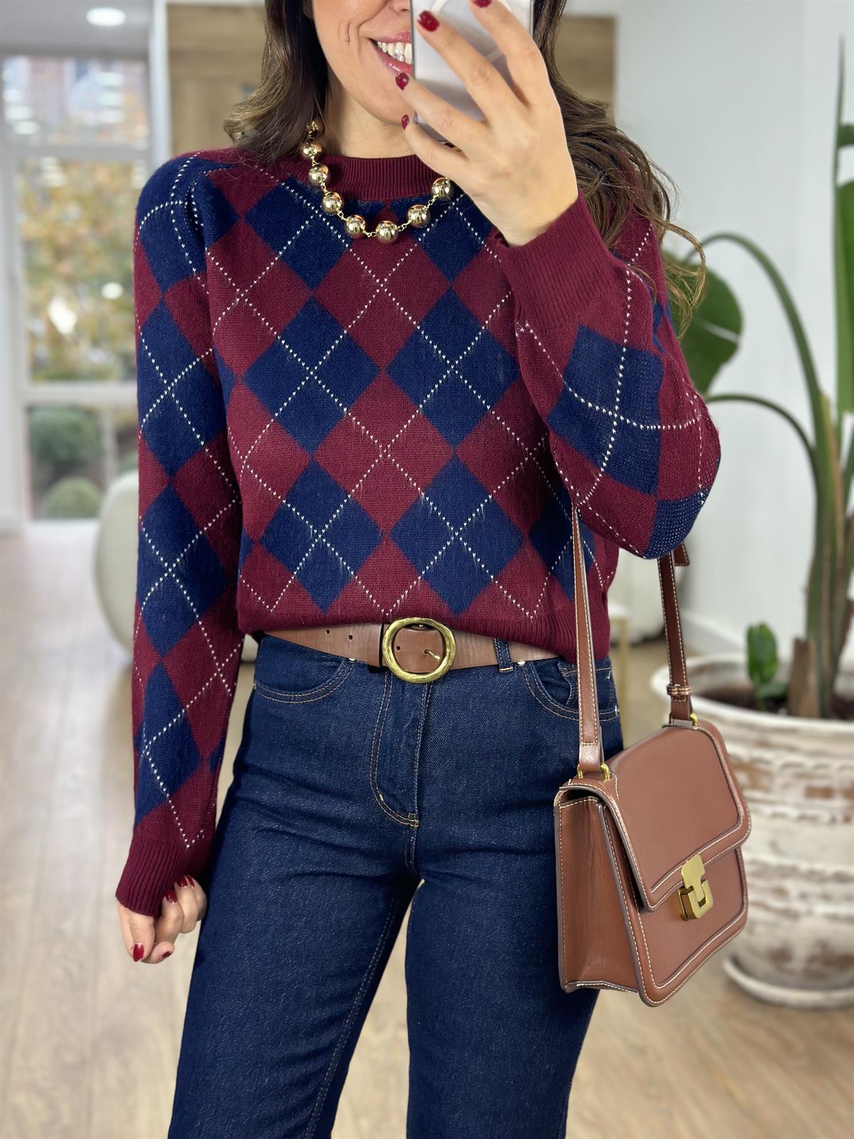 Bisiklet Yaka Baklava Desen Kazak - Bordo