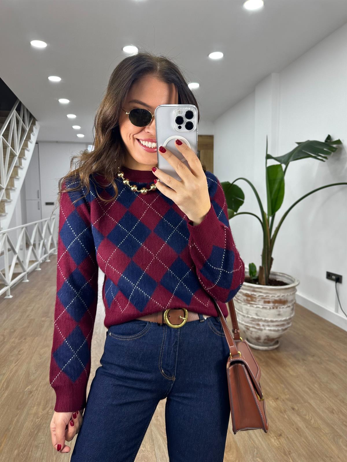 Bisiklet Yaka Baklava Desen Kazak - Bordo