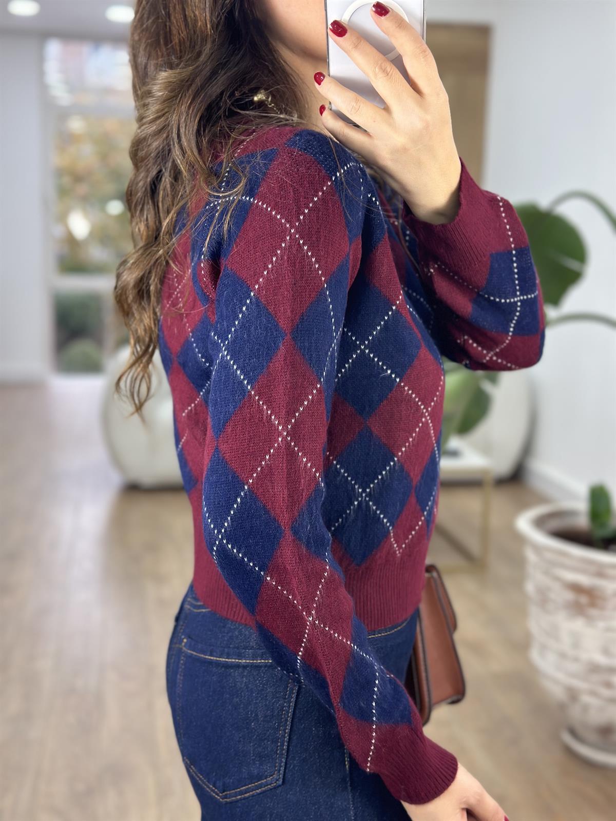 Bisiklet Yaka Baklava Desen Kazak - Bordo