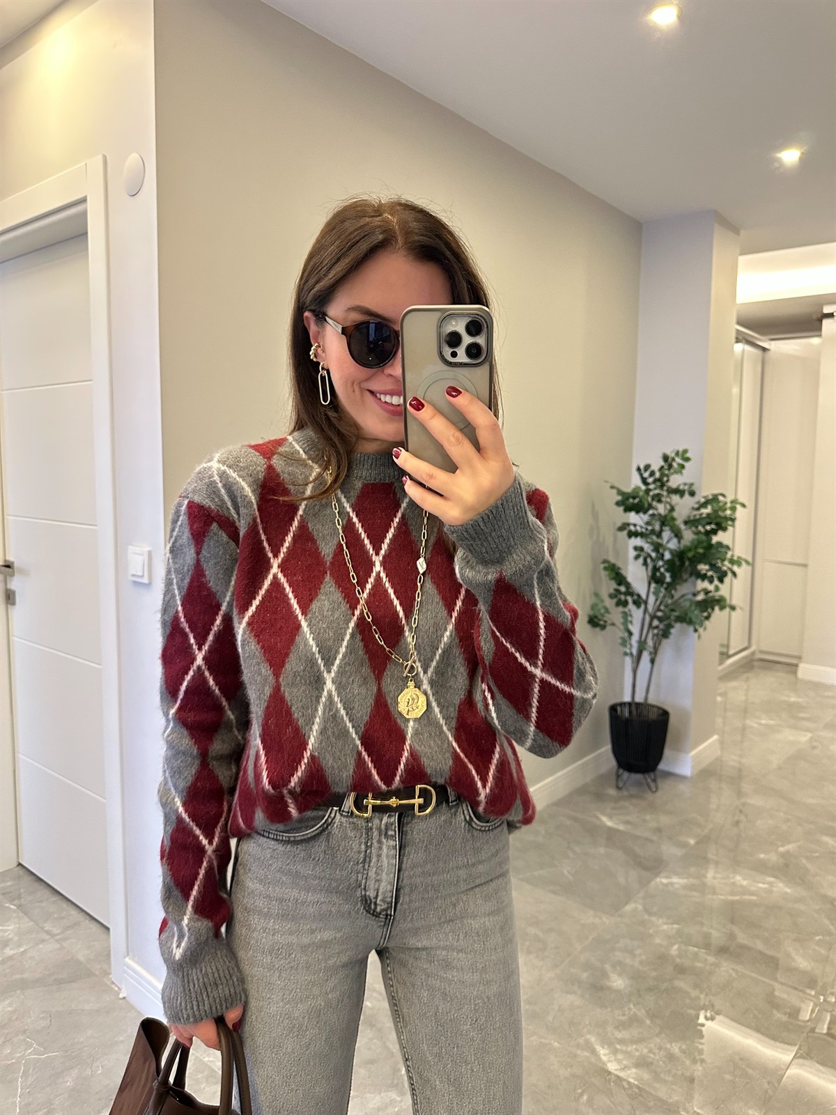 Bisiklet Yaka Baklava Desen Kazak - Gri/Bordo