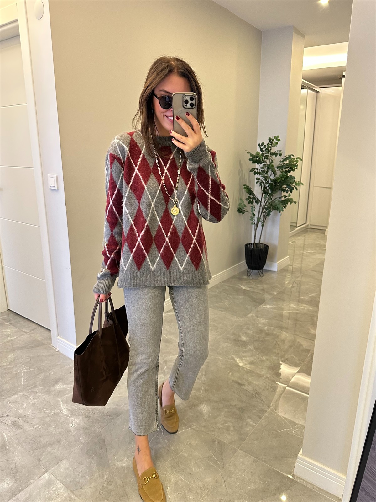 Bisiklet Yaka Baklava Desen Kazak - Gri/Bordo