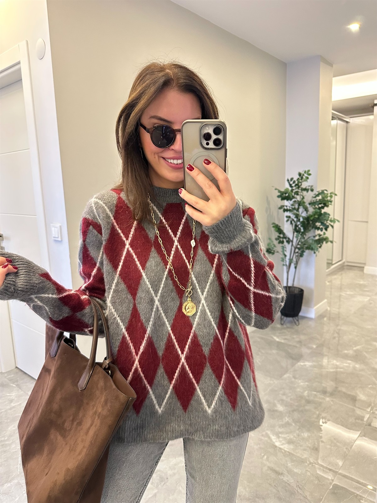 Bisiklet Yaka Baklava Desen Kazak - Gri/Bordo