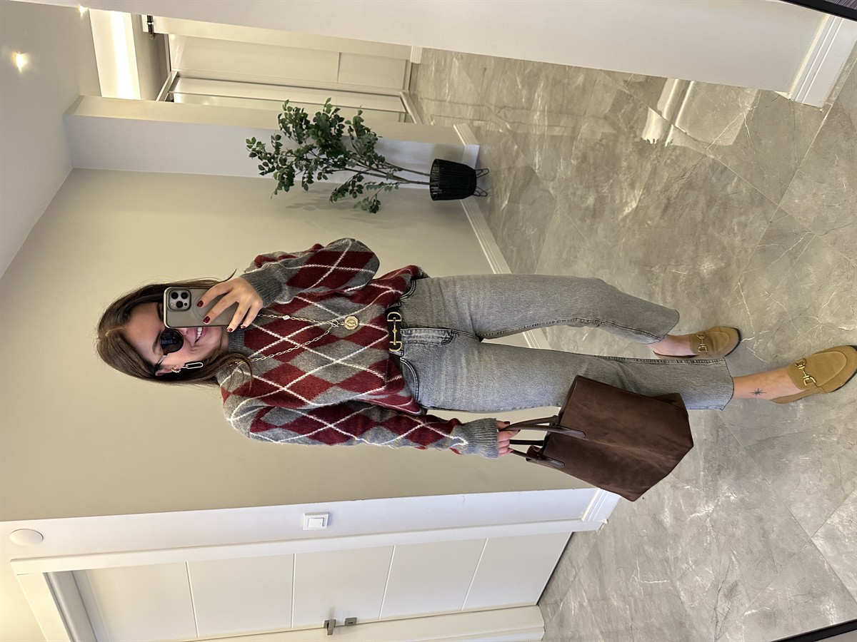 Bisiklet Yaka Baklava Desen Kazak - Gri/Bordo