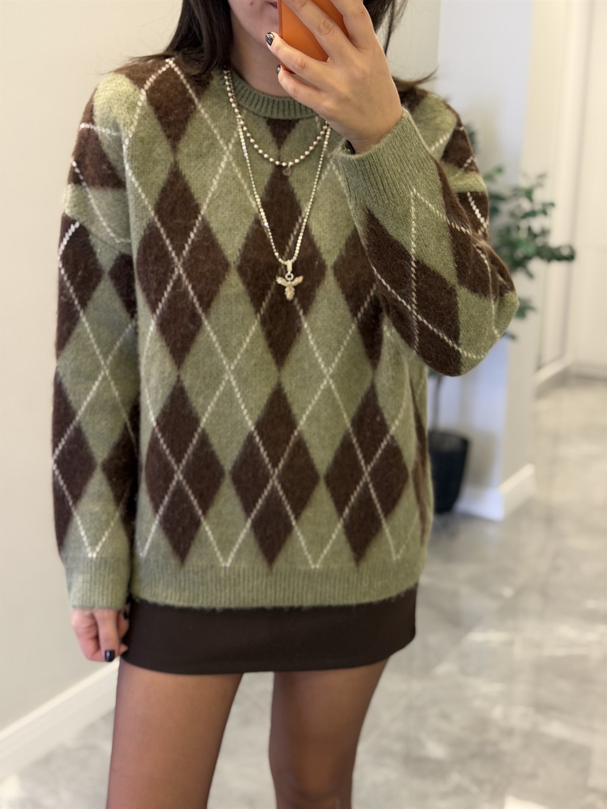 Bisiklet Yaka Baklava Desen Kazak - Haki/Acı Kahve