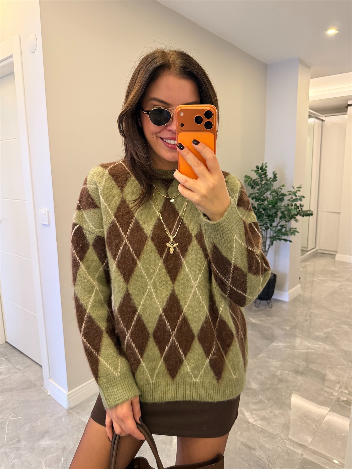 Bisiklet Yaka Baklava Desen Kazak - Haki/Acı Kahve