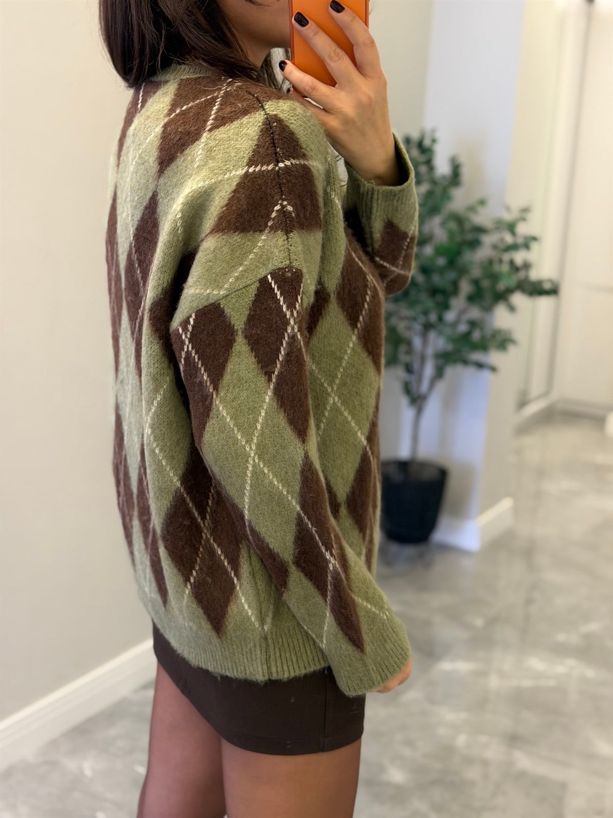 Bisiklet Yaka Baklava Desen Kazak - Haki/Acı Kahve