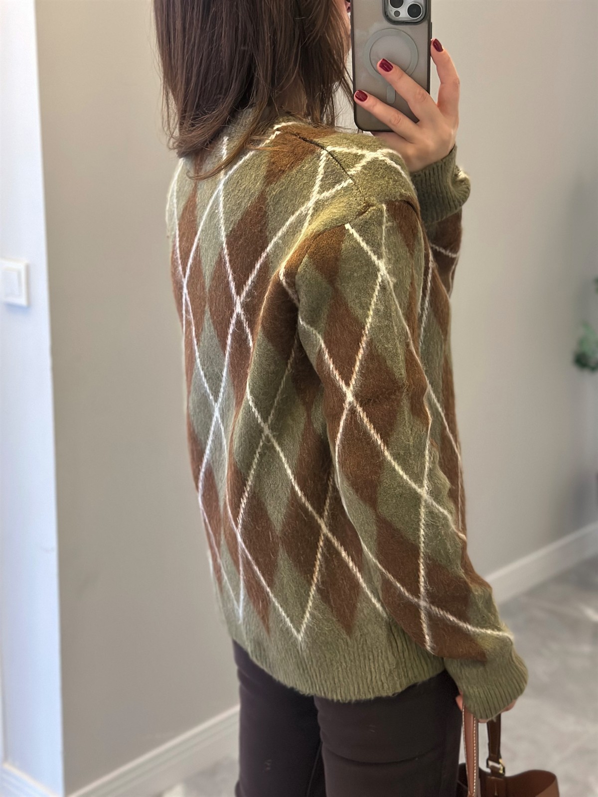 Bisiklet Yaka Baklava Desen Kazak - Haki/Kahve