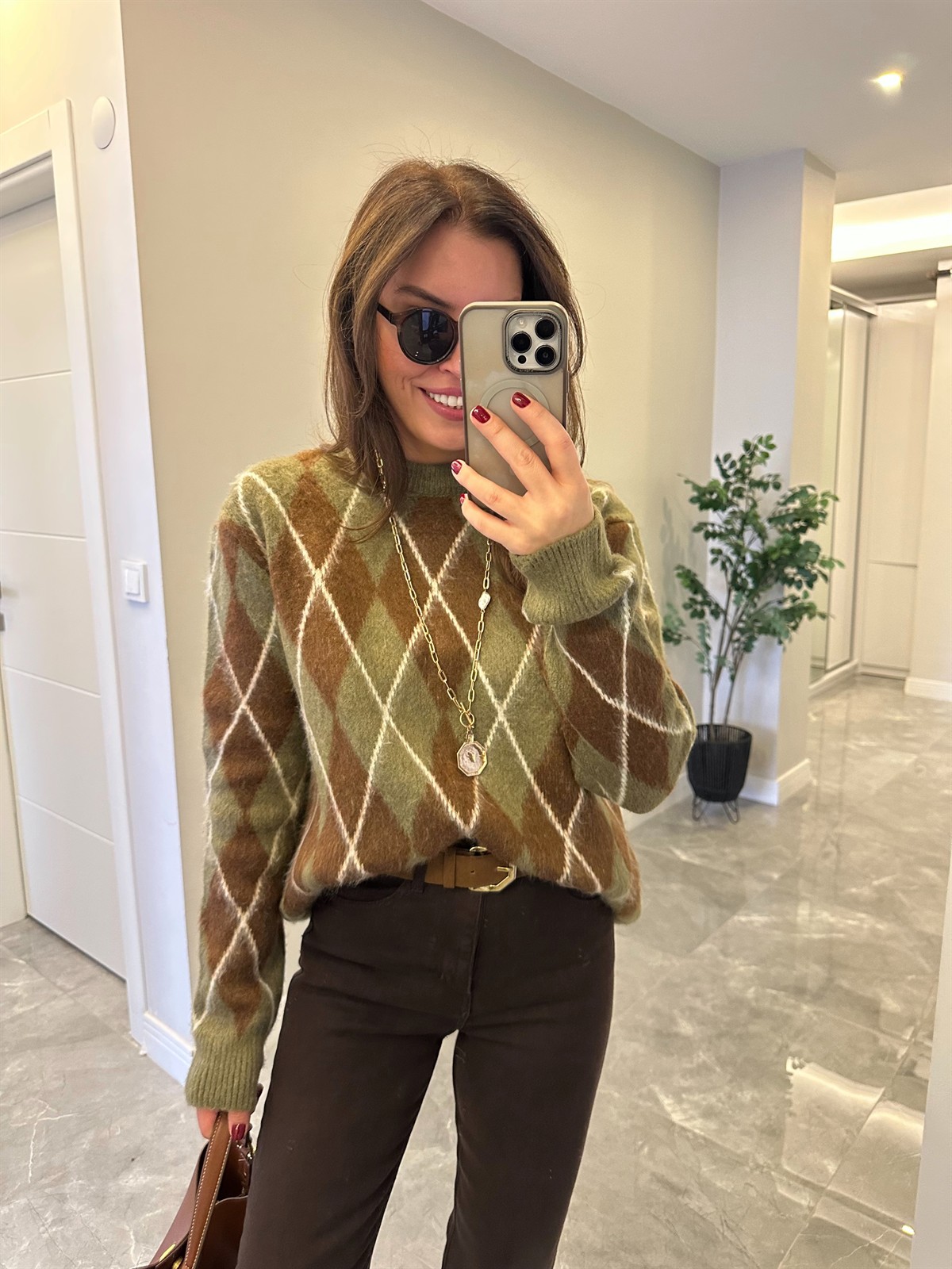 Bisiklet Yaka Baklava Desen Kazak - Haki/Kahve