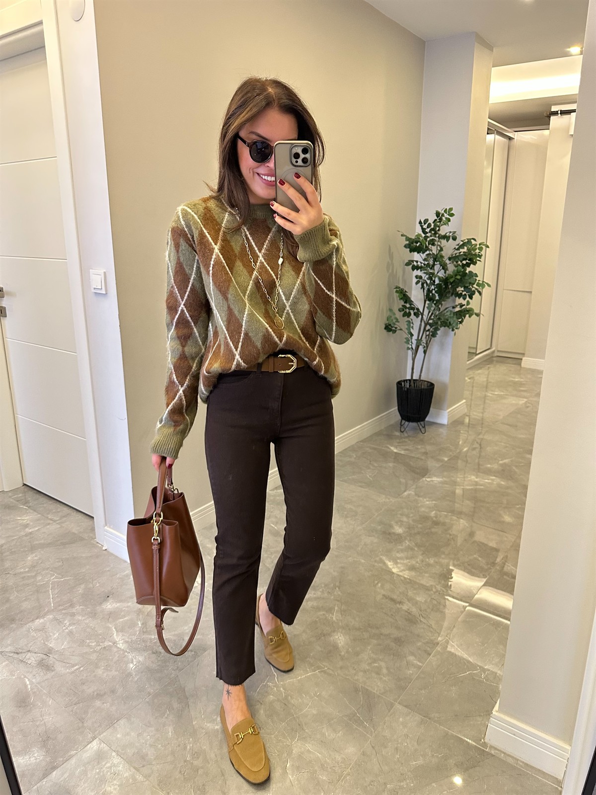 Bisiklet Yaka Baklava Desen Kazak - Haki/Kahve