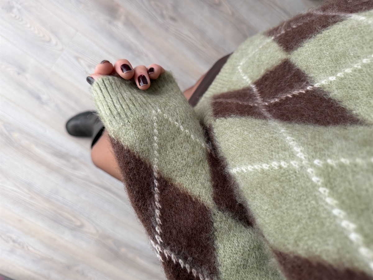 Bisiklet Yaka Baklava Desen Kazak - Haki/Acı Kahve