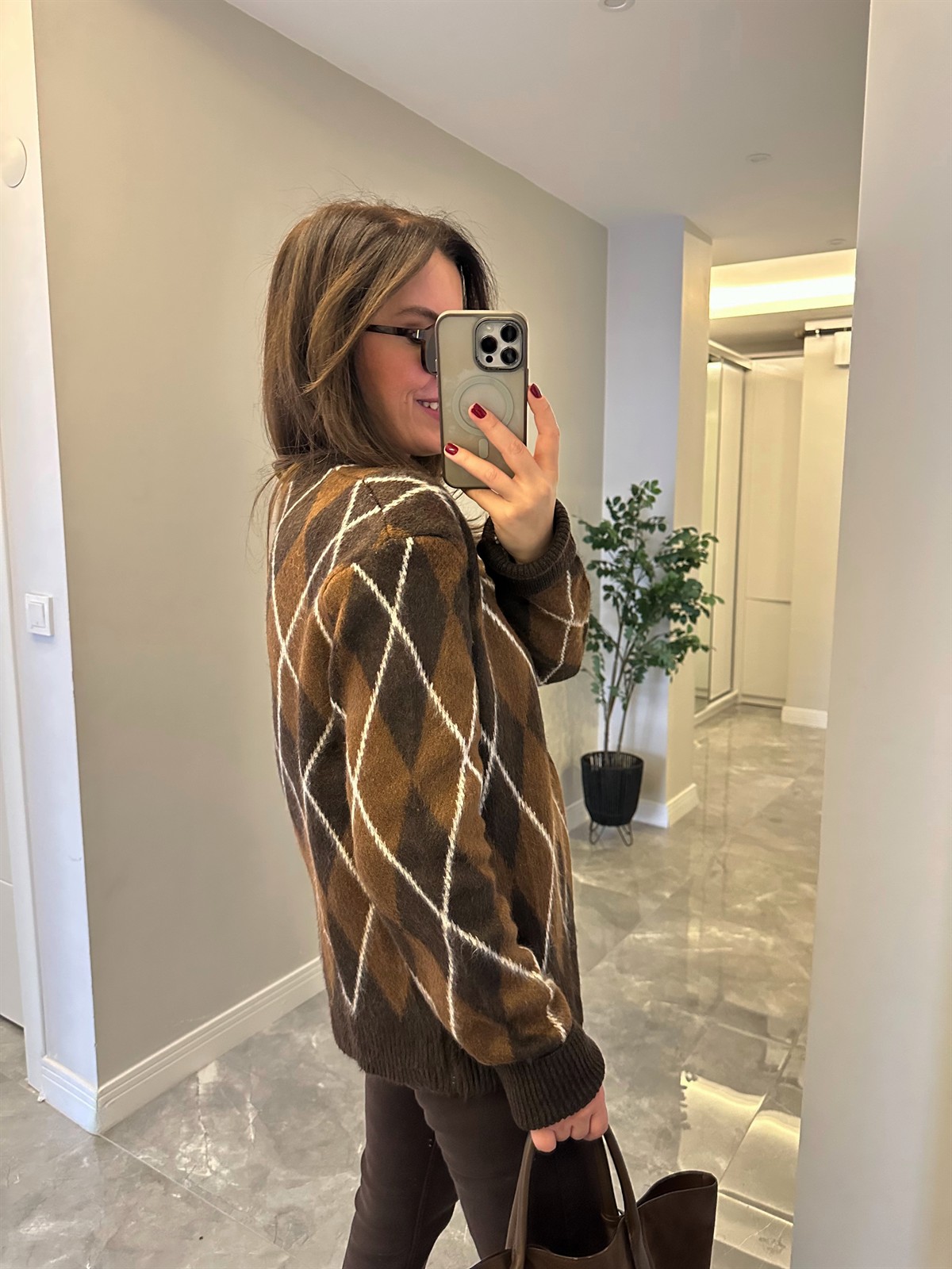 Bisiklet Yaka Baklava Desen Kazak - Kahve/Camel