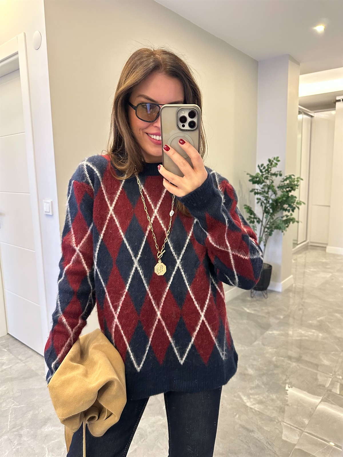 Bisiklet Yaka Baklava Desen Kazak - Lacivert/Bordo