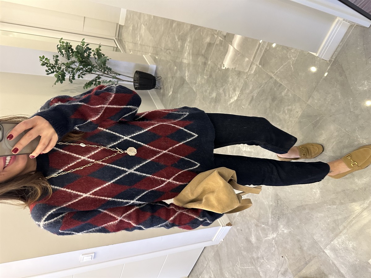 Bisiklet Yaka Baklava Desen Kazak - Lacivert/Bordo