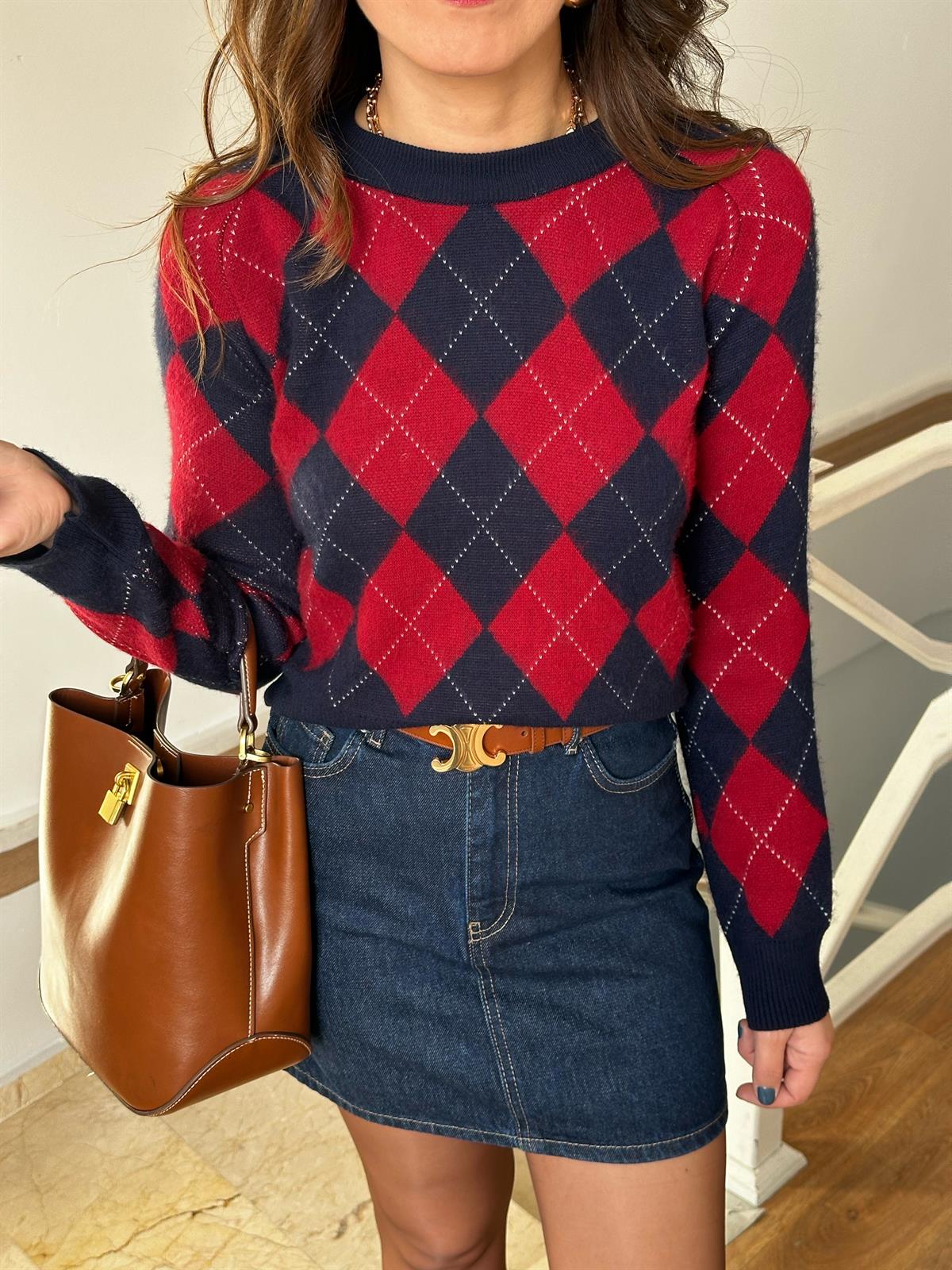 Bisiklet Yaka Baklava Desen Kazak - Lacivert