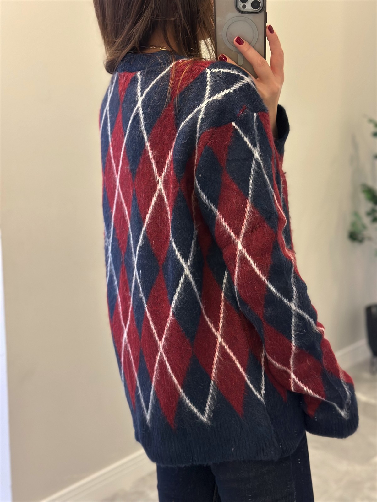 Bisiklet Yaka Baklava Desen Kazak - Lacivert/Bordo