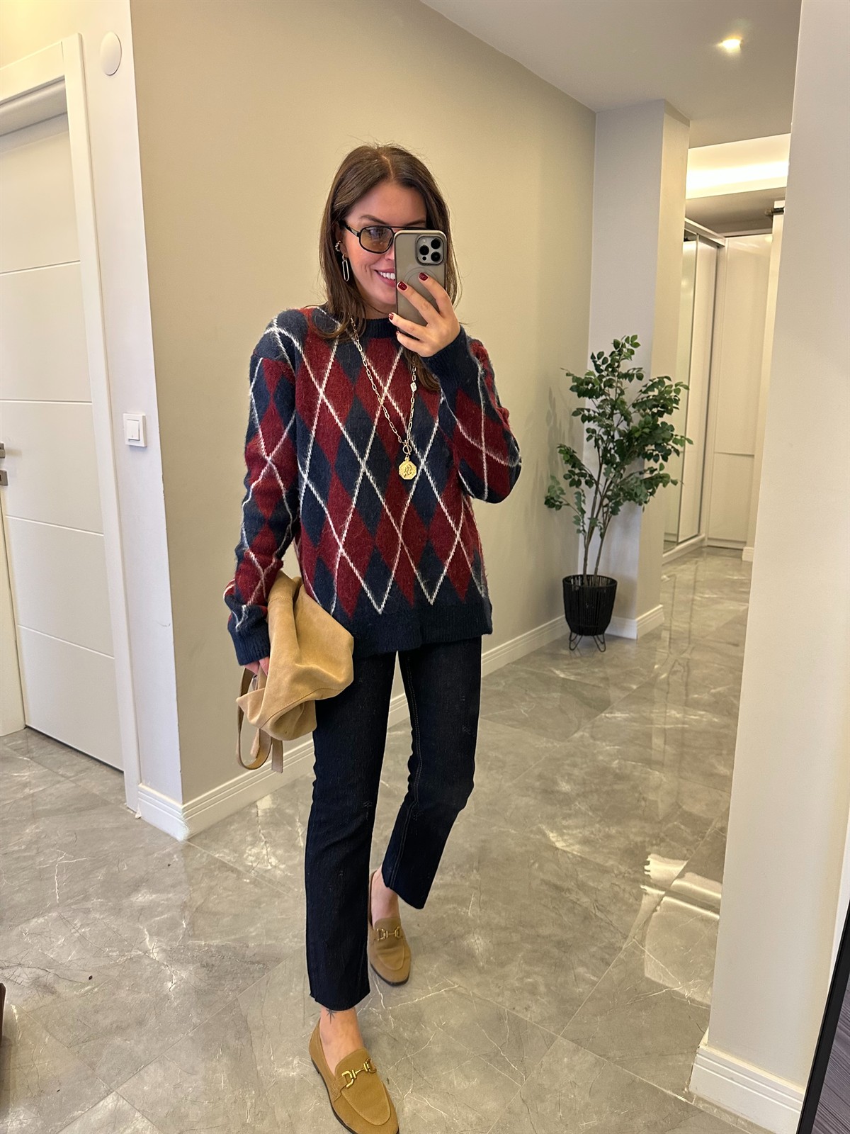 Bisiklet Yaka Baklava Desen Kazak - Lacivert/Bordo