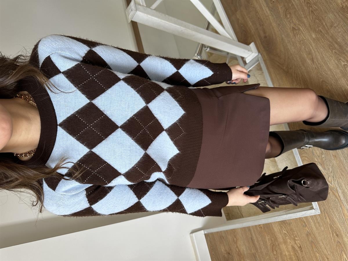 Bisiklet Yaka Baklava Desen Kazak - Mavi