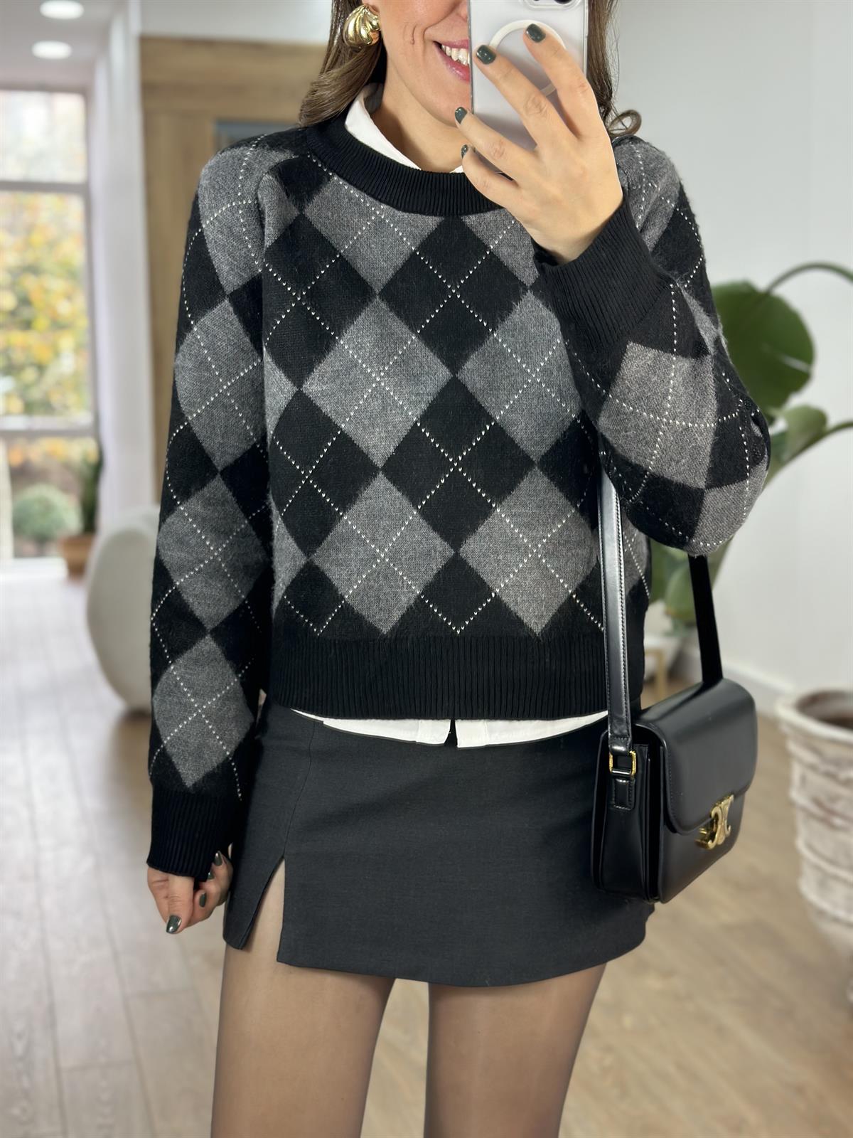 Bisiklet Yaka Baklava Desen Kazak - Siyah