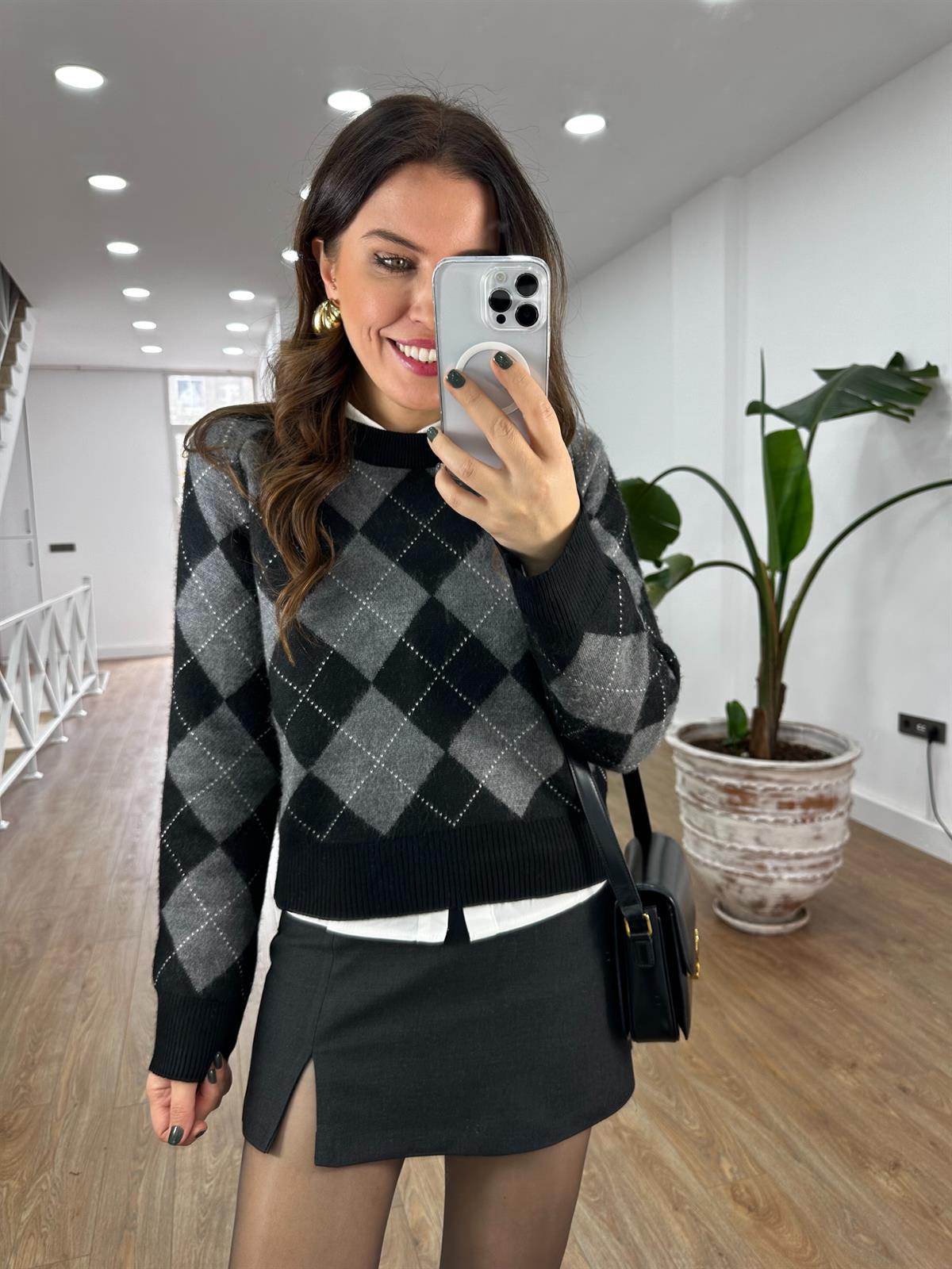 Bisiklet Yaka Baklava Desen Kazak - Siyah