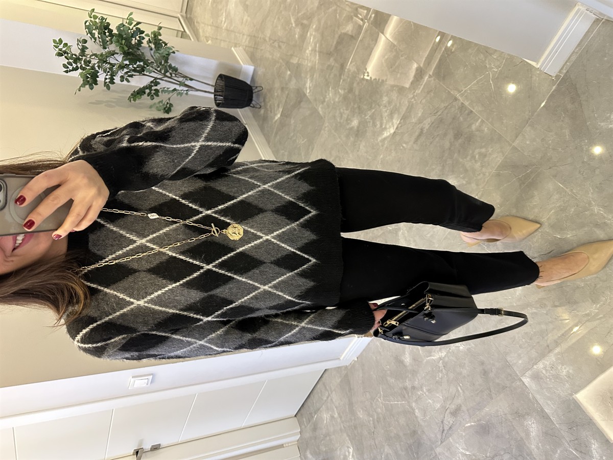 Bisiklet Yaka Baklava Desen Kazak - Siyah/Antrasit