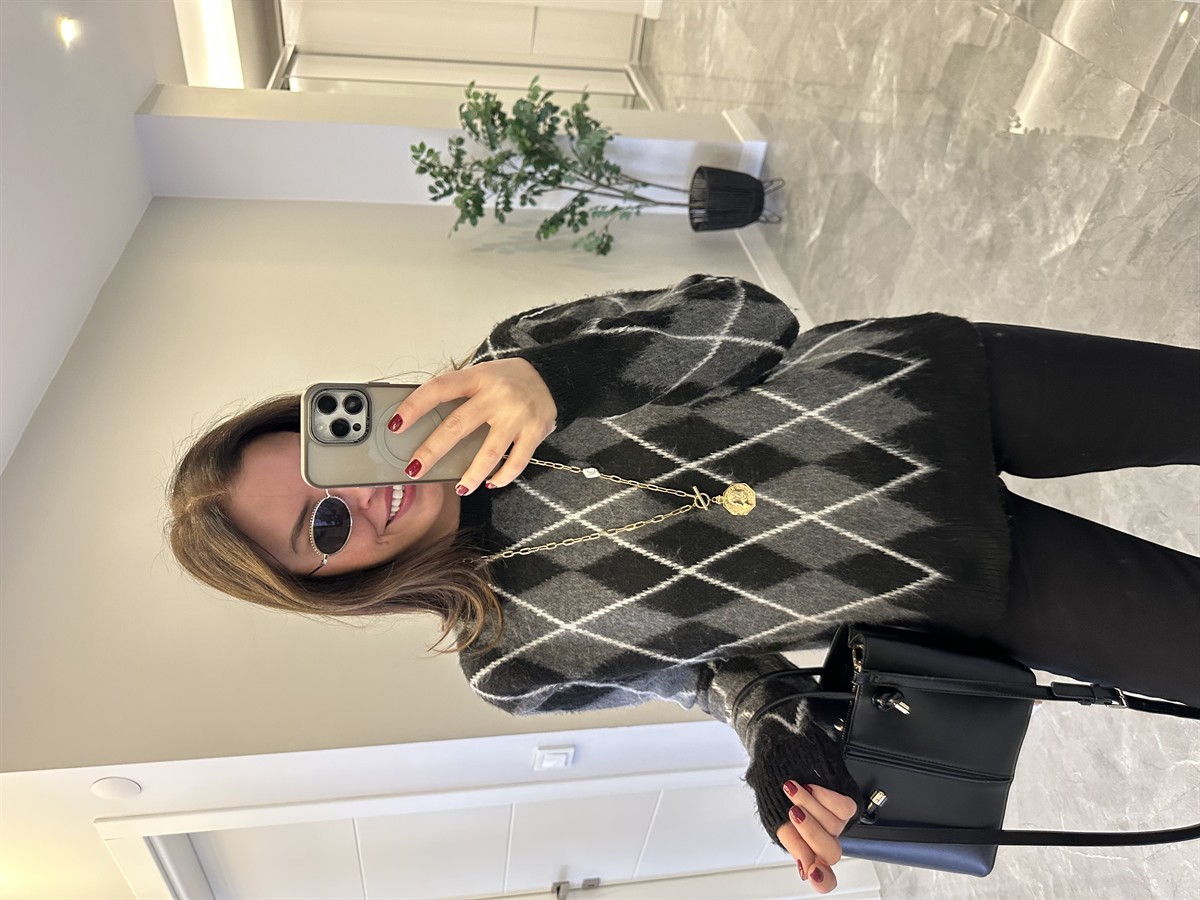 Bisiklet Yaka Baklava Desen Kazak - Siyah/Antrasit