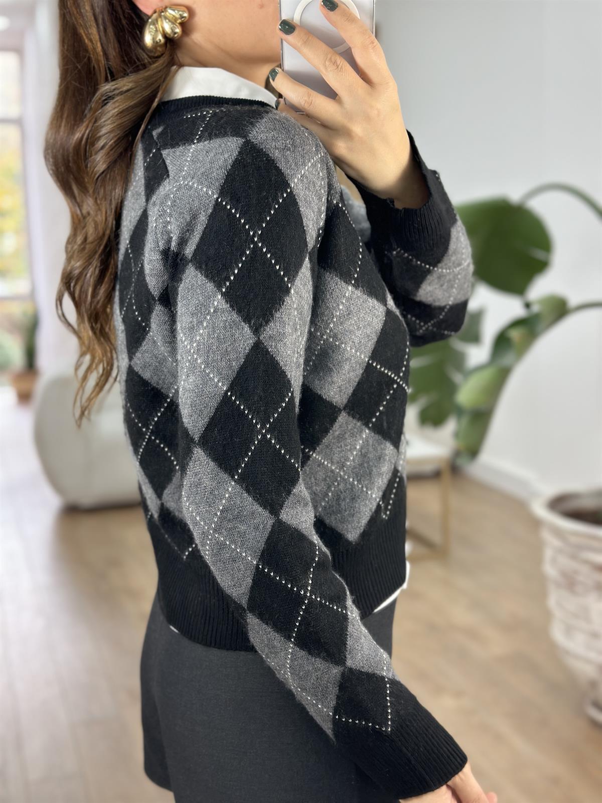 Bisiklet Yaka Baklava Desen Kazak - Siyah