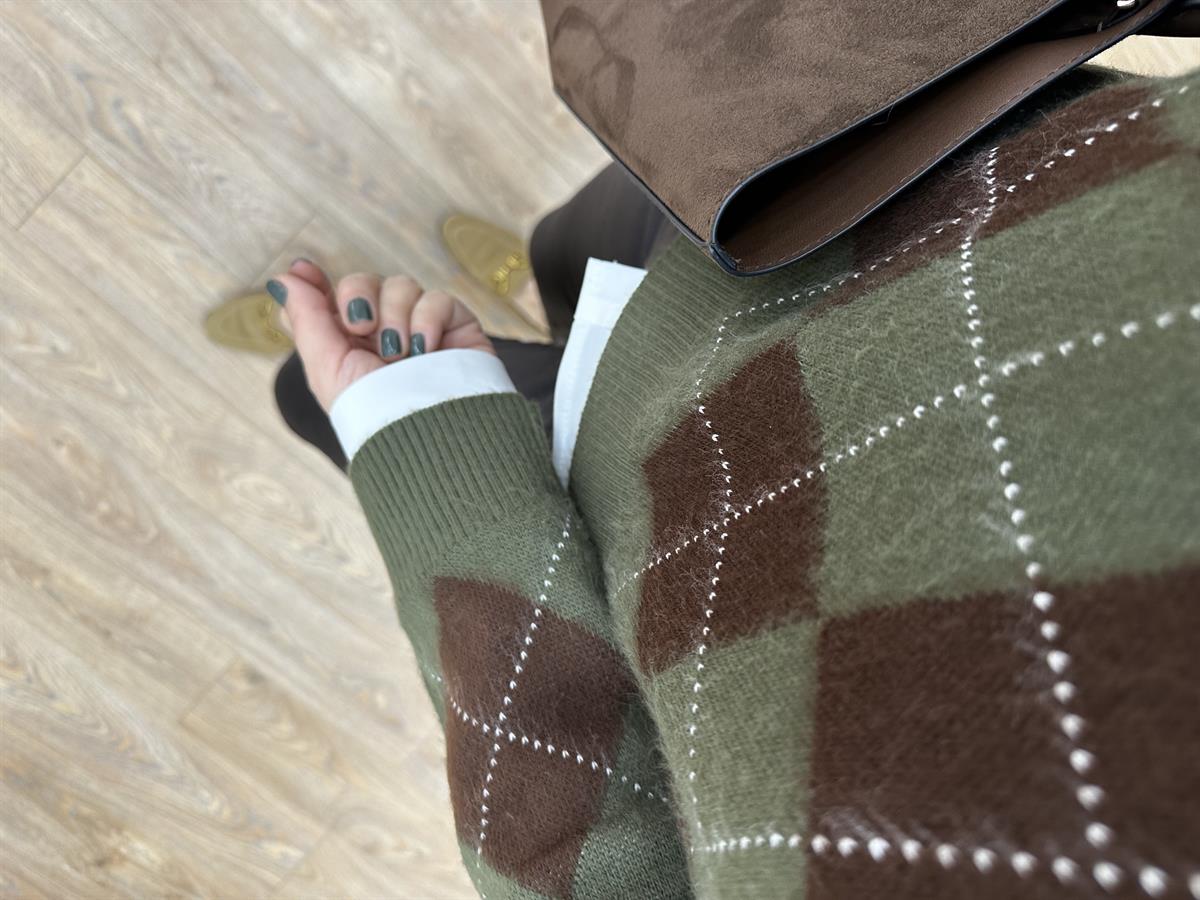 Bisiklet Yaka Baklava Desen Kazak - Yeşil