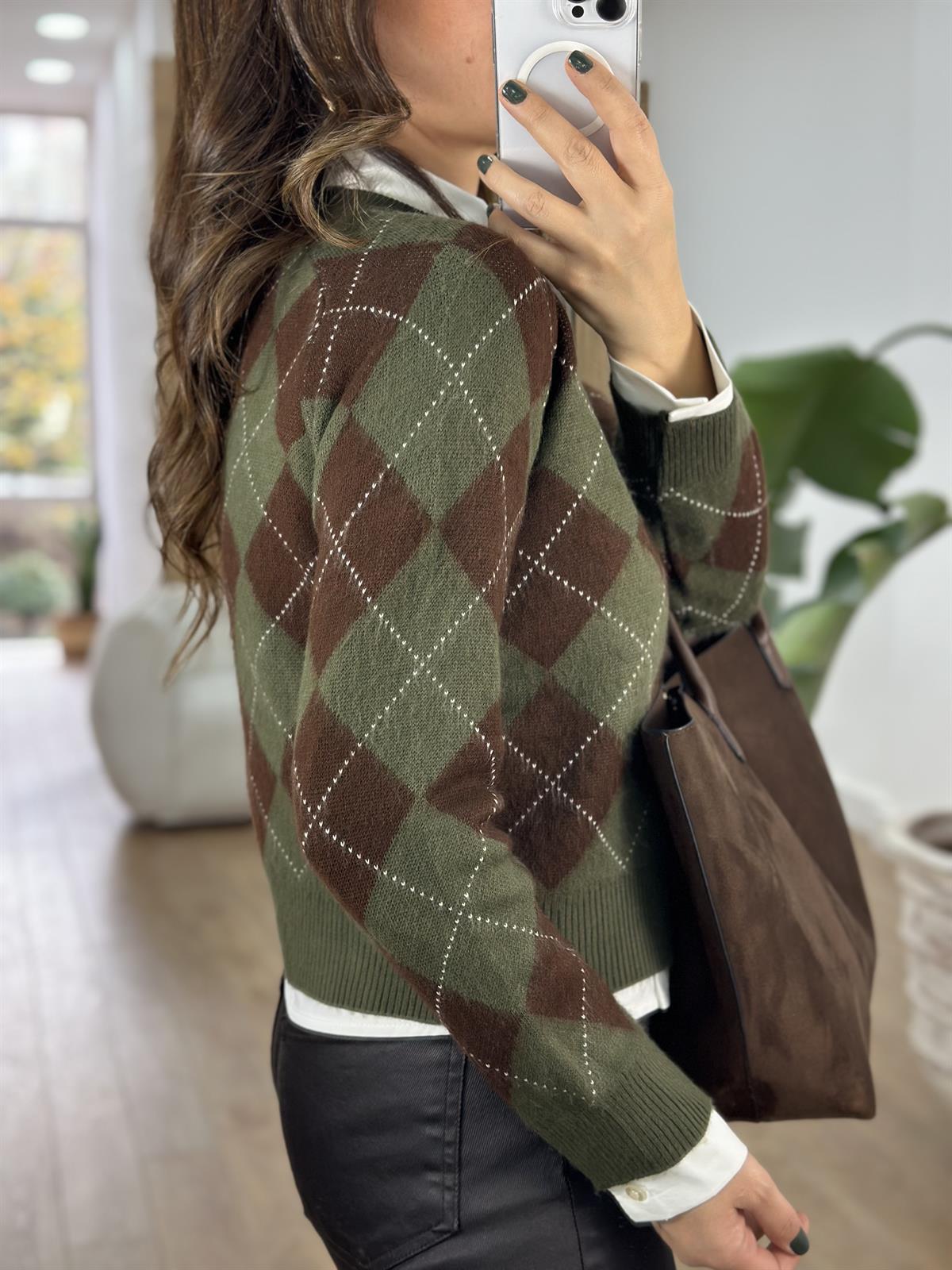 Bisiklet Yaka Baklava Desen Kazak - Yeşil