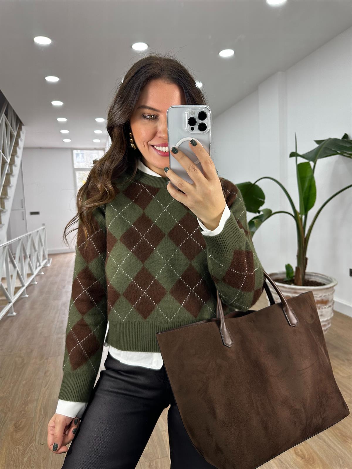 Bisiklet Yaka Baklava Desen Kazak - Yeşil