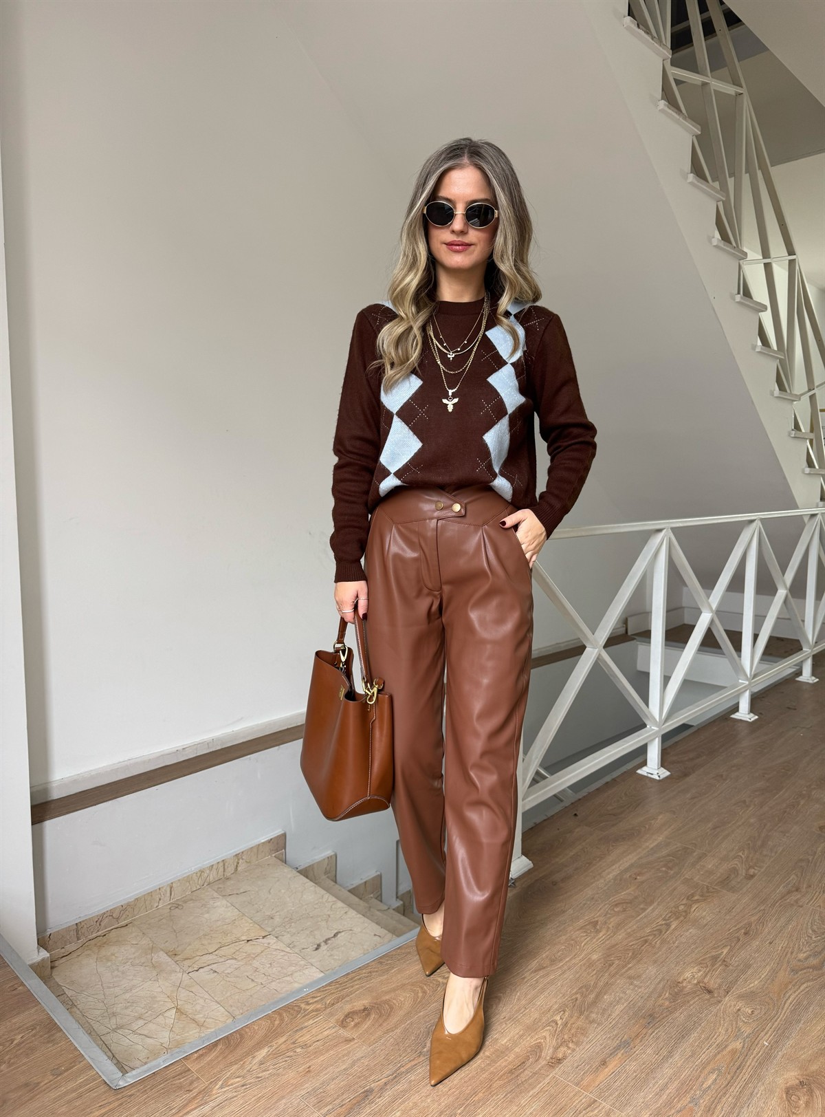 Bisiklet Yaka Baklava Desenli Kazak - Mavi/Kahve