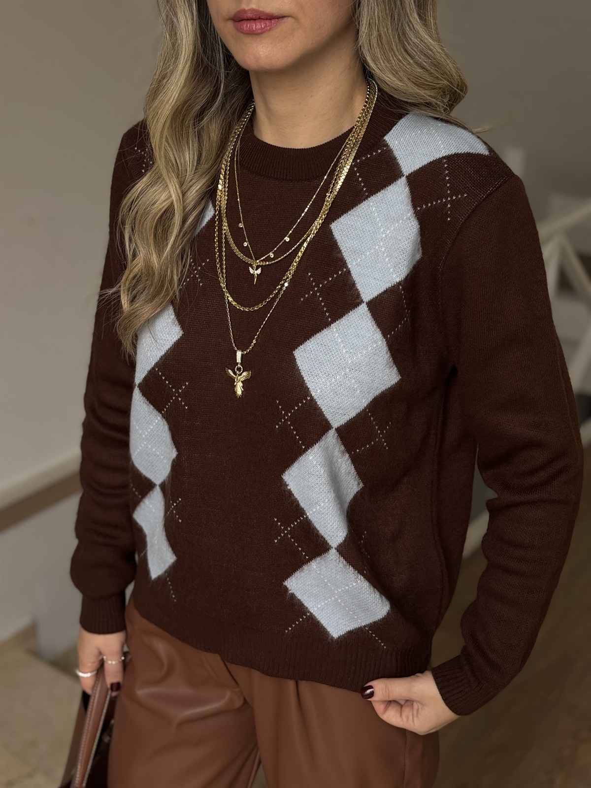 Bisiklet Yaka Baklava Desenli Kazak - Mavi/Kahve