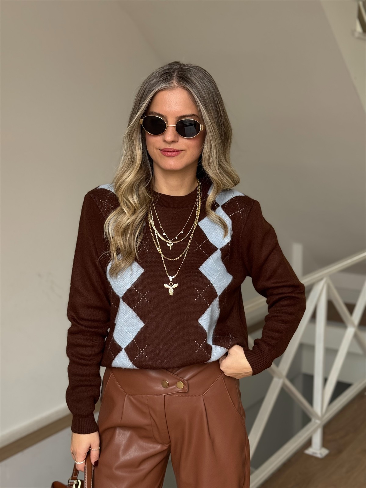 Bisiklet Yaka Baklava Desenli Kazak - Mavi/Kahve