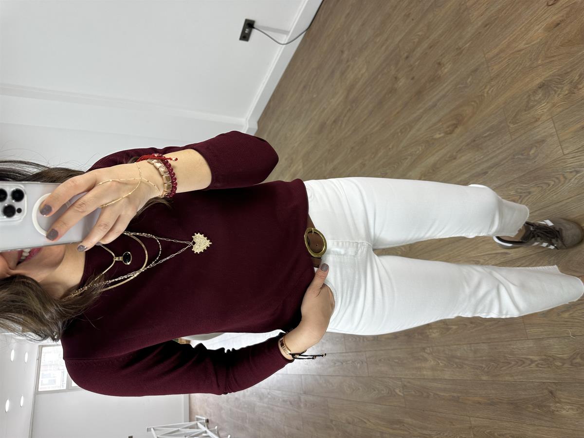 Bisiklet Yaka Basic Triko - Bordo