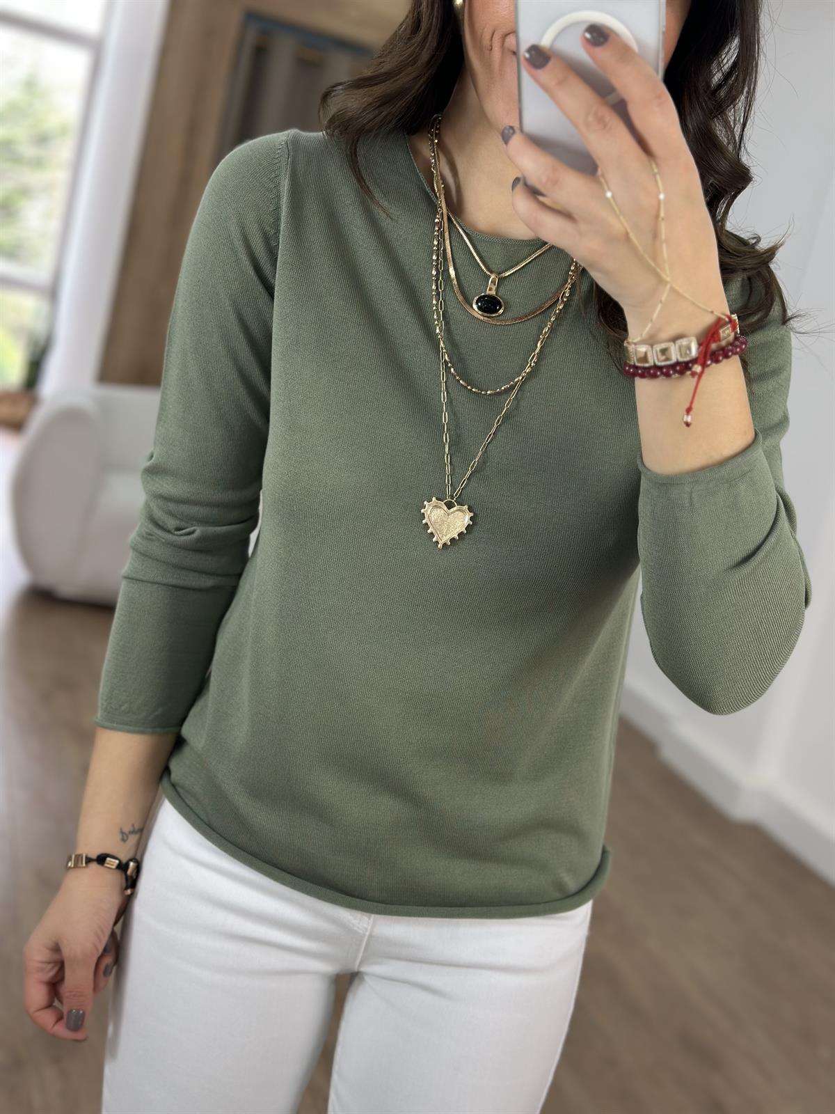 Bisiklet Yaka Basic Triko - Haki