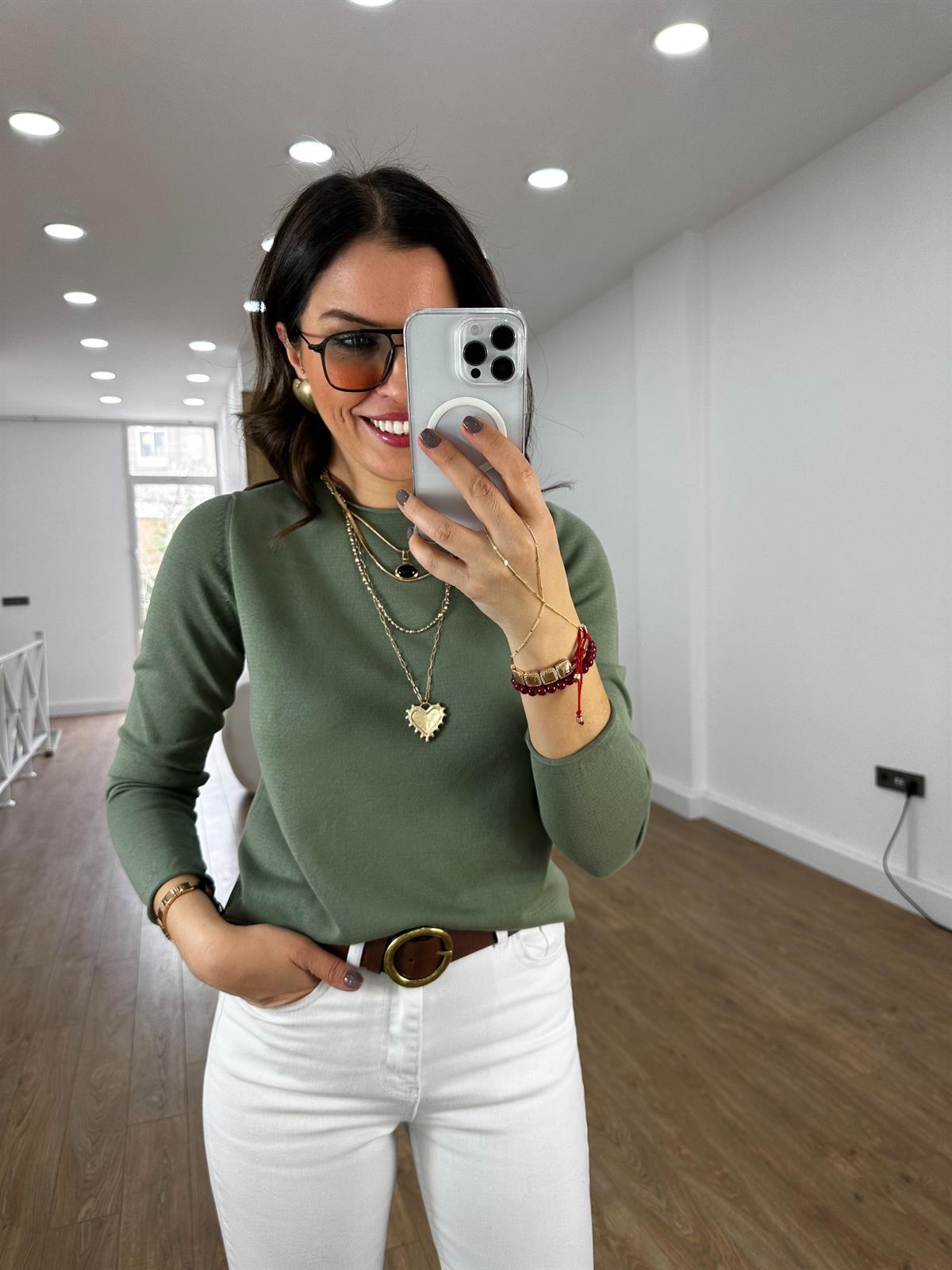 Bisiklet Yaka Basic Triko - Haki