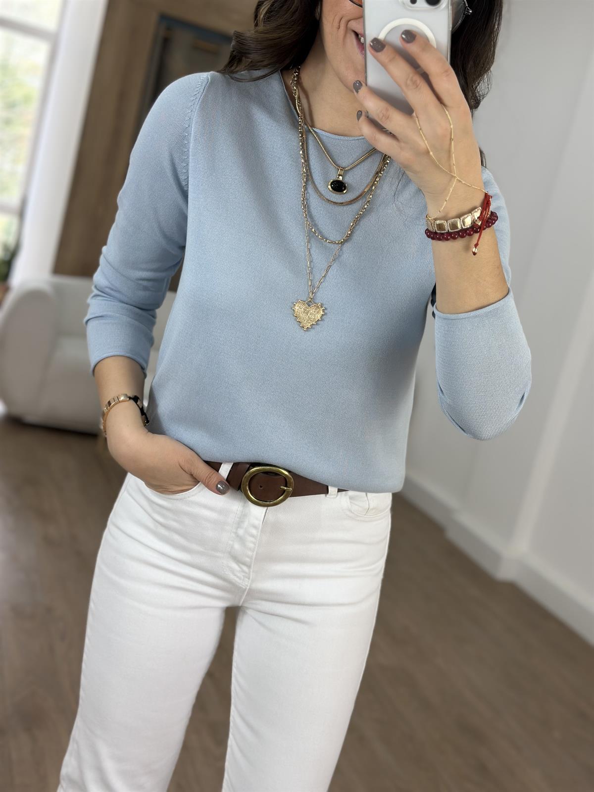 Bisiklet Yaka Basic Triko - Mavi