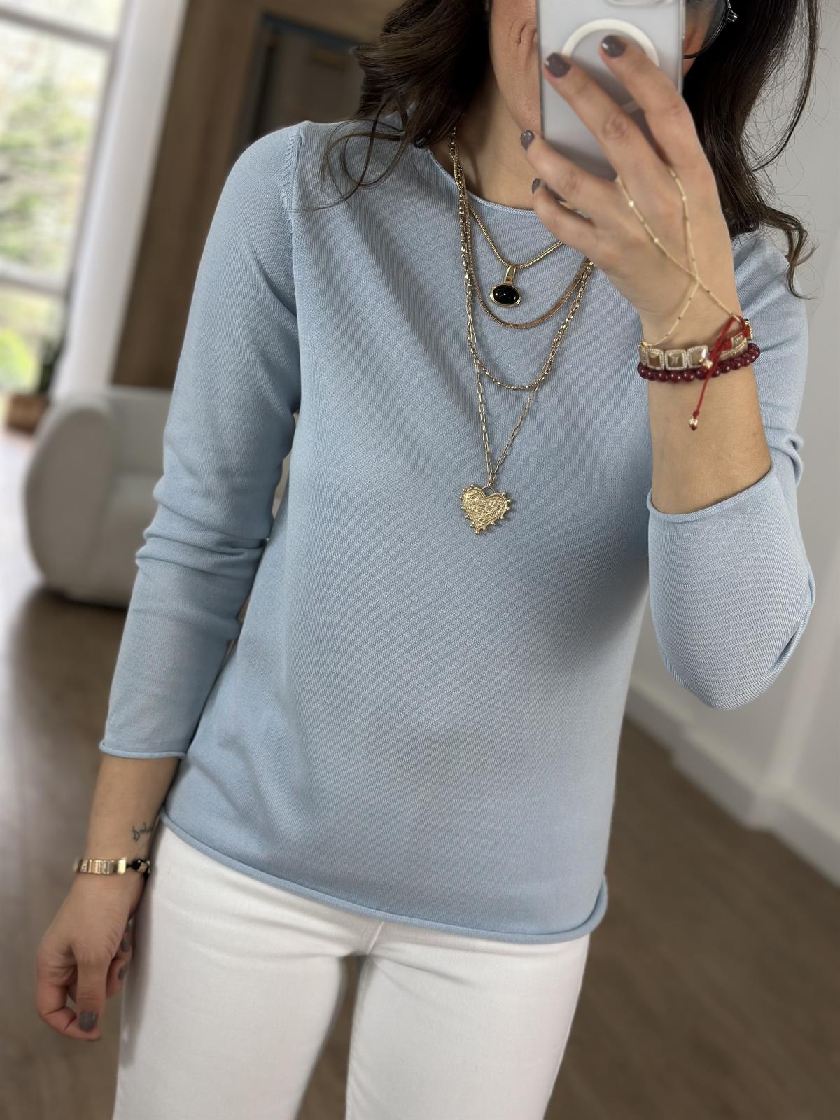 Bisiklet Yaka Basic Triko - Mavi