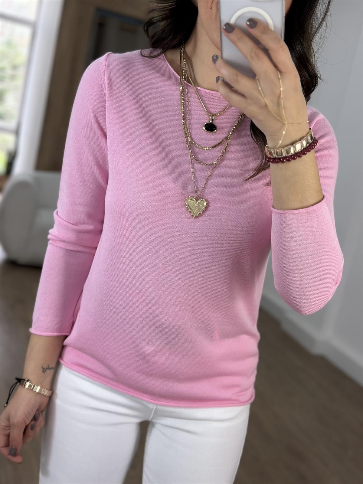 Bisiklet Yaka Basic Triko - Pembe