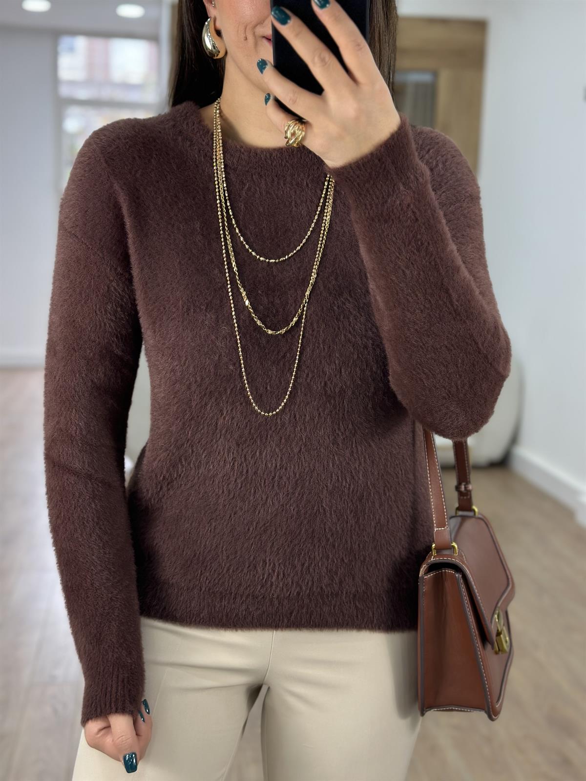 Bisiklet Yaka Basic Yumoş Kazak-Kahverengi