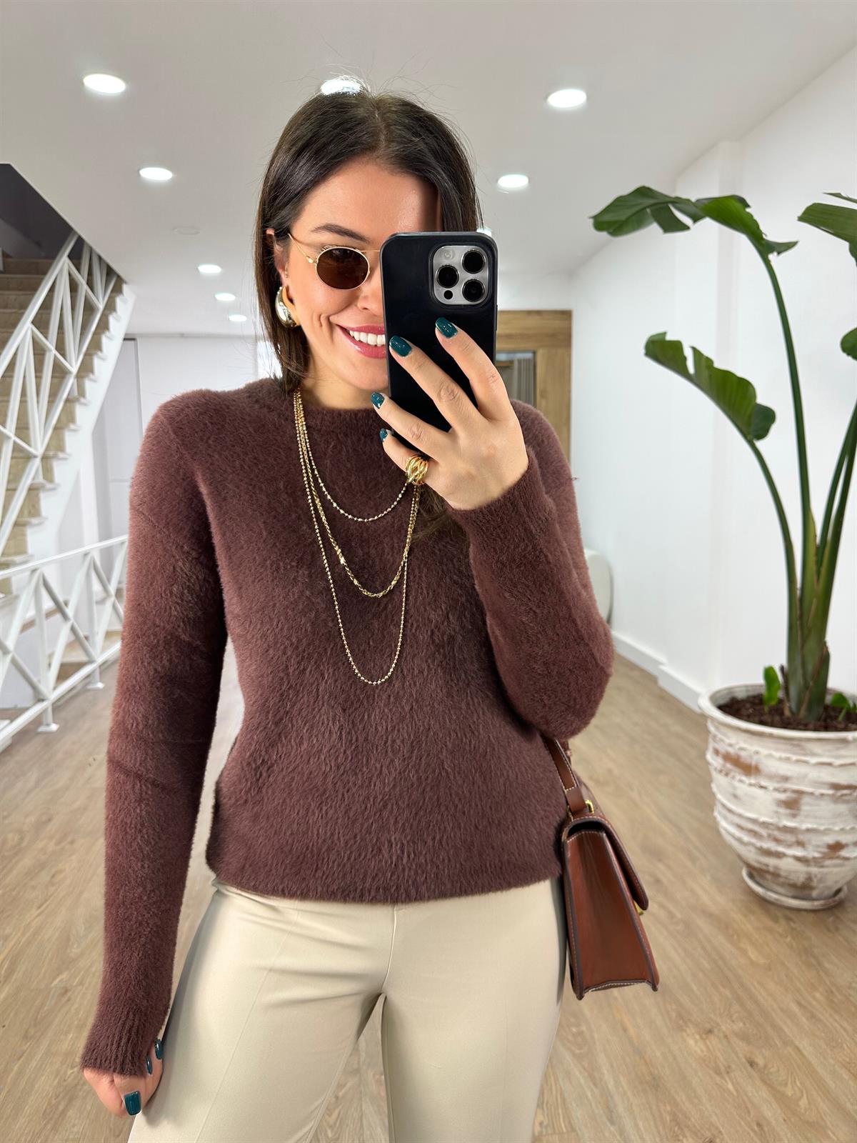 Bisiklet Yaka Basic Yumoş Kazak-Kahverengi