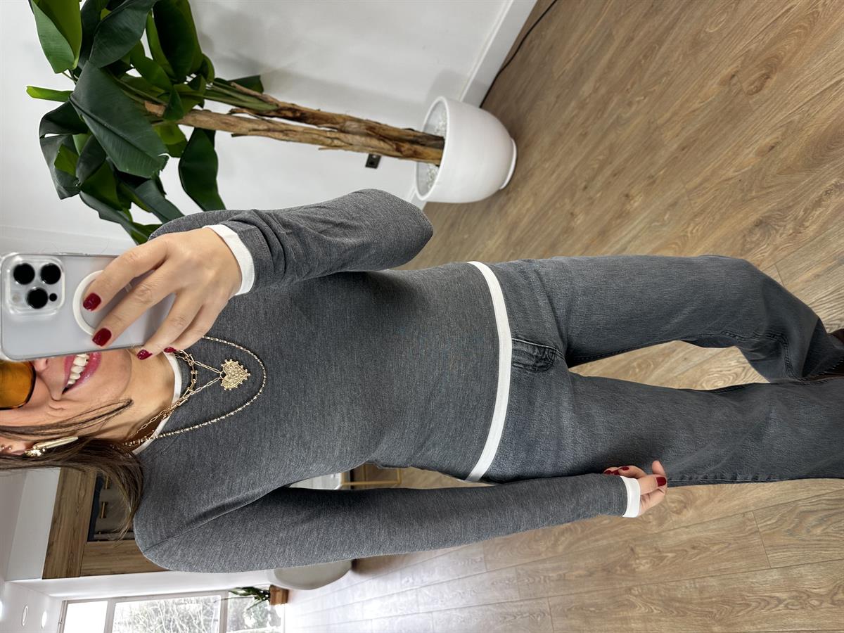 Bisiklet Yaka Biye Detaylı Bluz - Antrasit