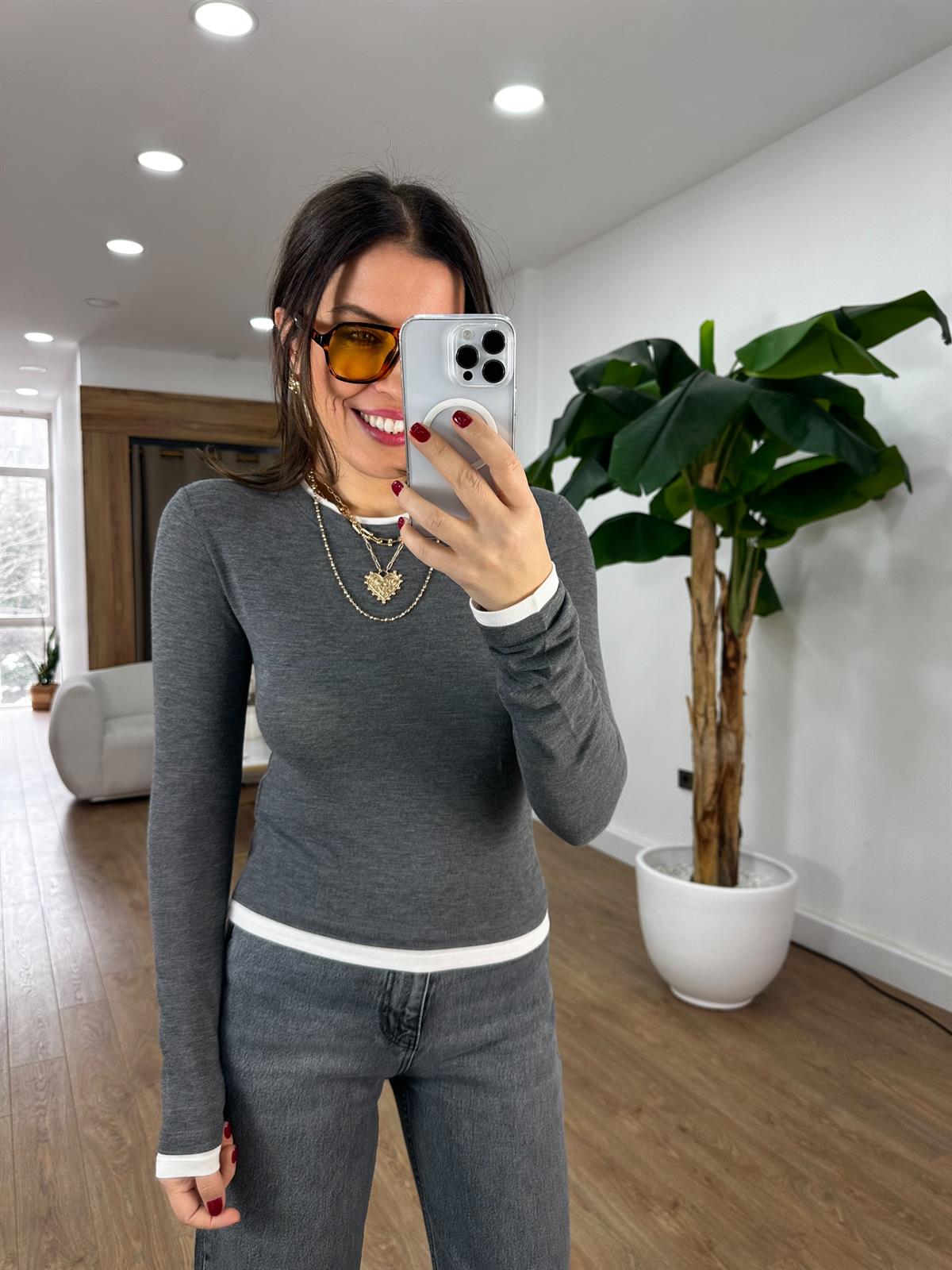 Bisiklet Yaka Biye Detaylı Bluz - Antrasit