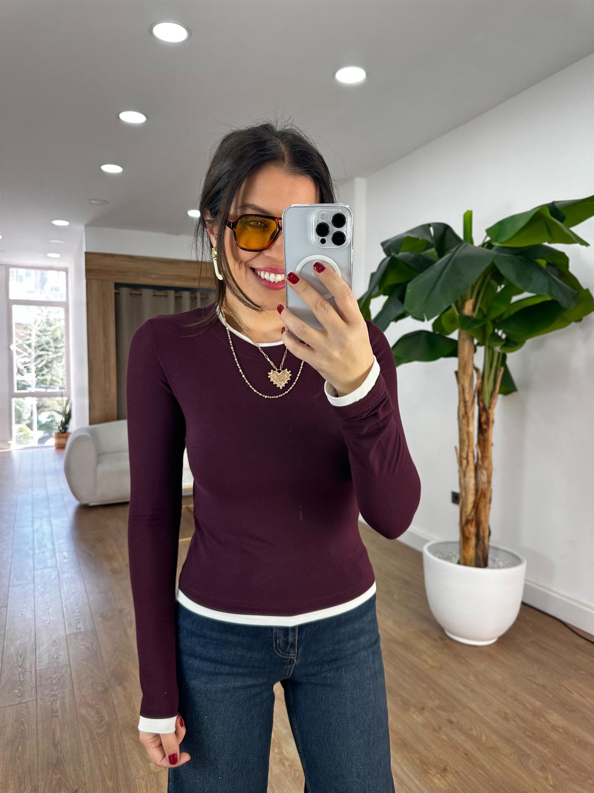 Bisiklet Yaka Biye Detaylı Bluz - Bordo