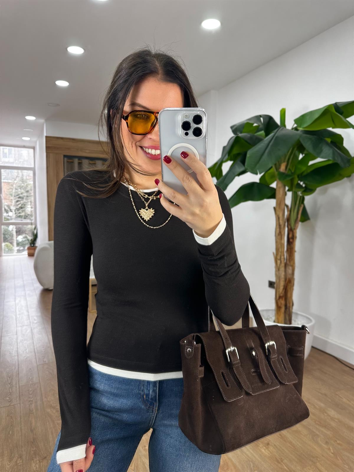 Bisiklet Yaka Biye Detaylı Bluz - Kahverengi