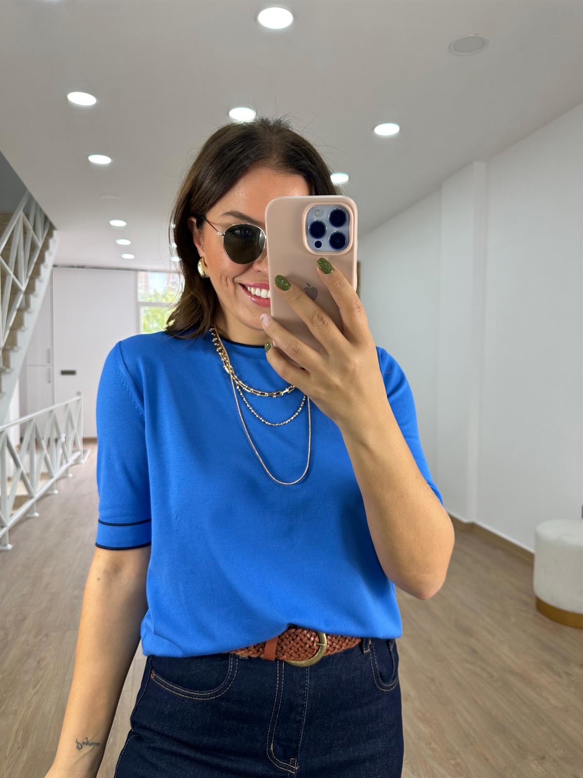 Bisiklet Yaka Çizgi Detaylı Merserize Triko-Mavi