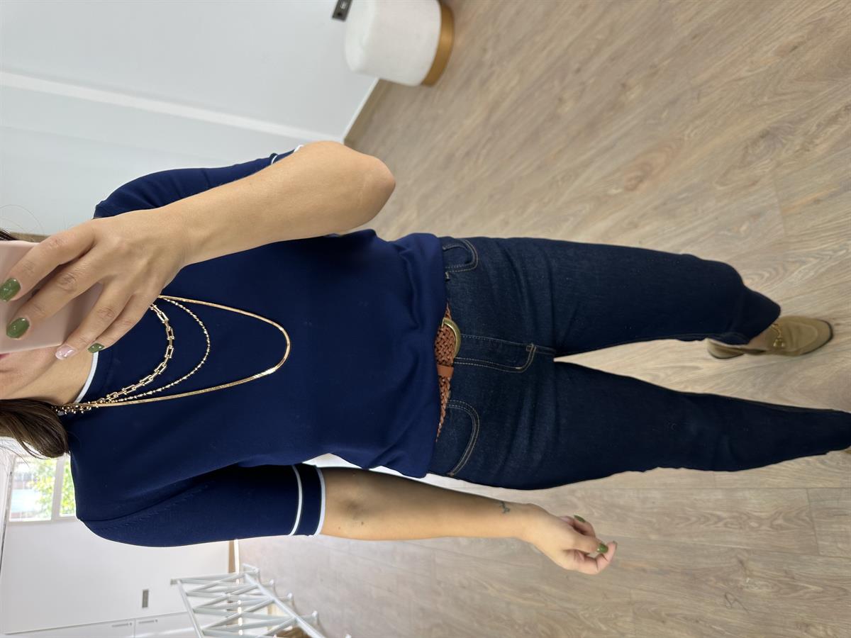 Bisiklet Yaka Çizgi Detaylı Merserize Triko-Lacivert