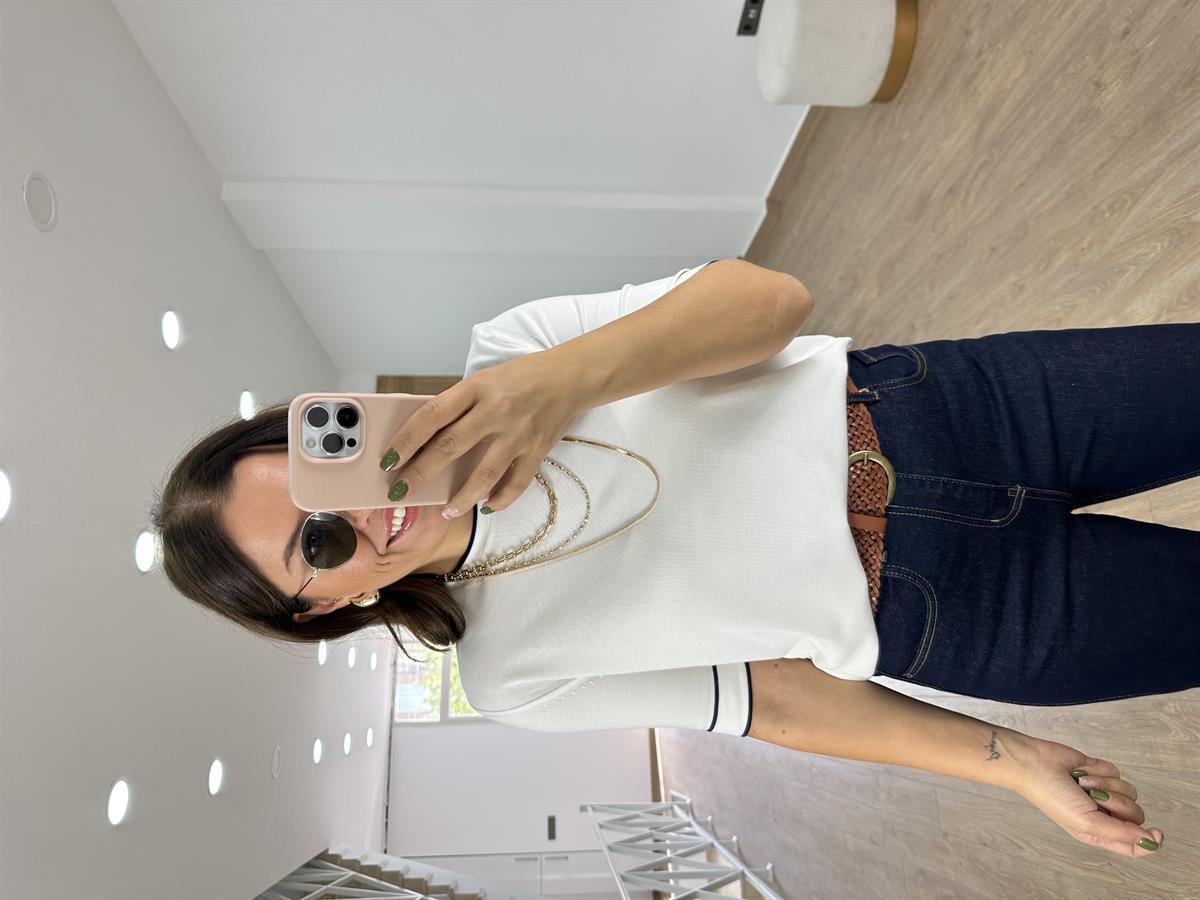 Bisiklet Yaka Çizgi Detaylı Merserize Triko-Beyaz